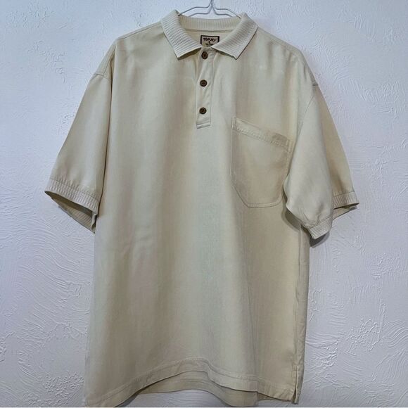 Tommy Bahama Mens Silk Camp PoloShirt sz M IvoryHawaiian Beach